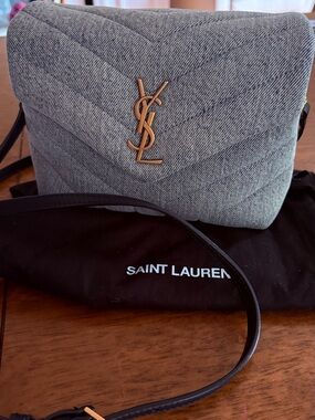 Saint Laurent Gray Quilted YSL Medium Crossbody with Gold Logo